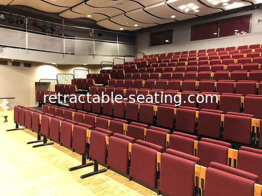 Riser Mounted Retractable Bleacher Seating Theaters Chair With Red Fabric Upholstery